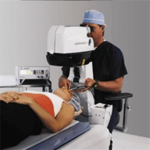 Doctor looking at patient's eyes with a LASIK machine
