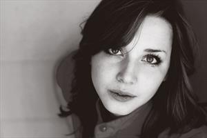 black and white image of a woman smiling